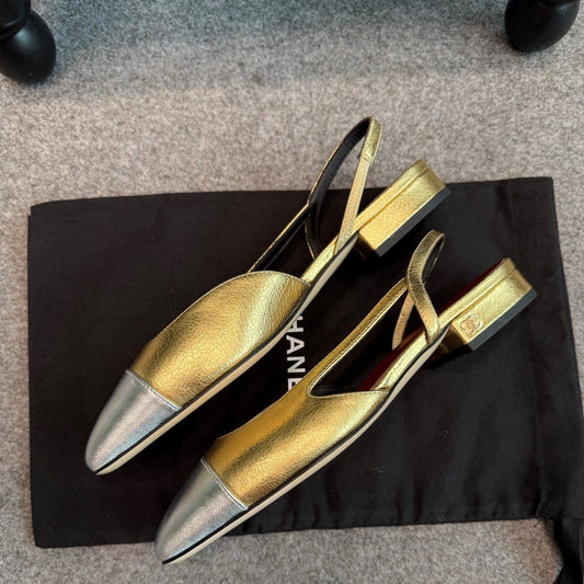 CC 26s Slingback Flats 2cm Gold Silver Metallic Leather 118962