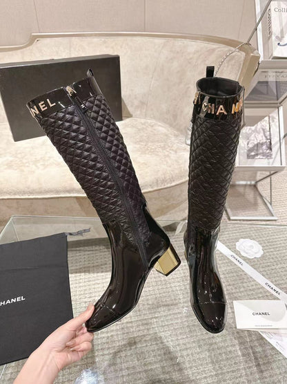 CC 26S Quilted Jumping Boots 5.5cm Black Patent Leather Nylon 117686