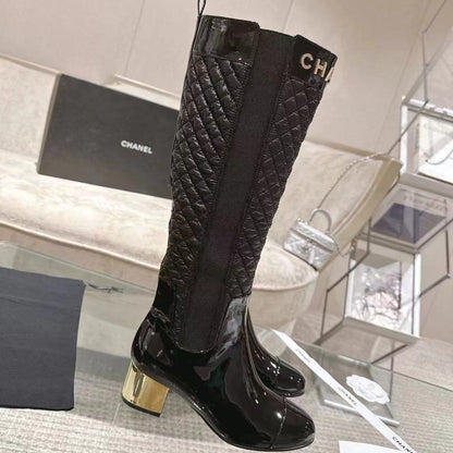 CC 26S Quilted Jumping Boots 5.5cm Black Patent Leather Nylon 117686
