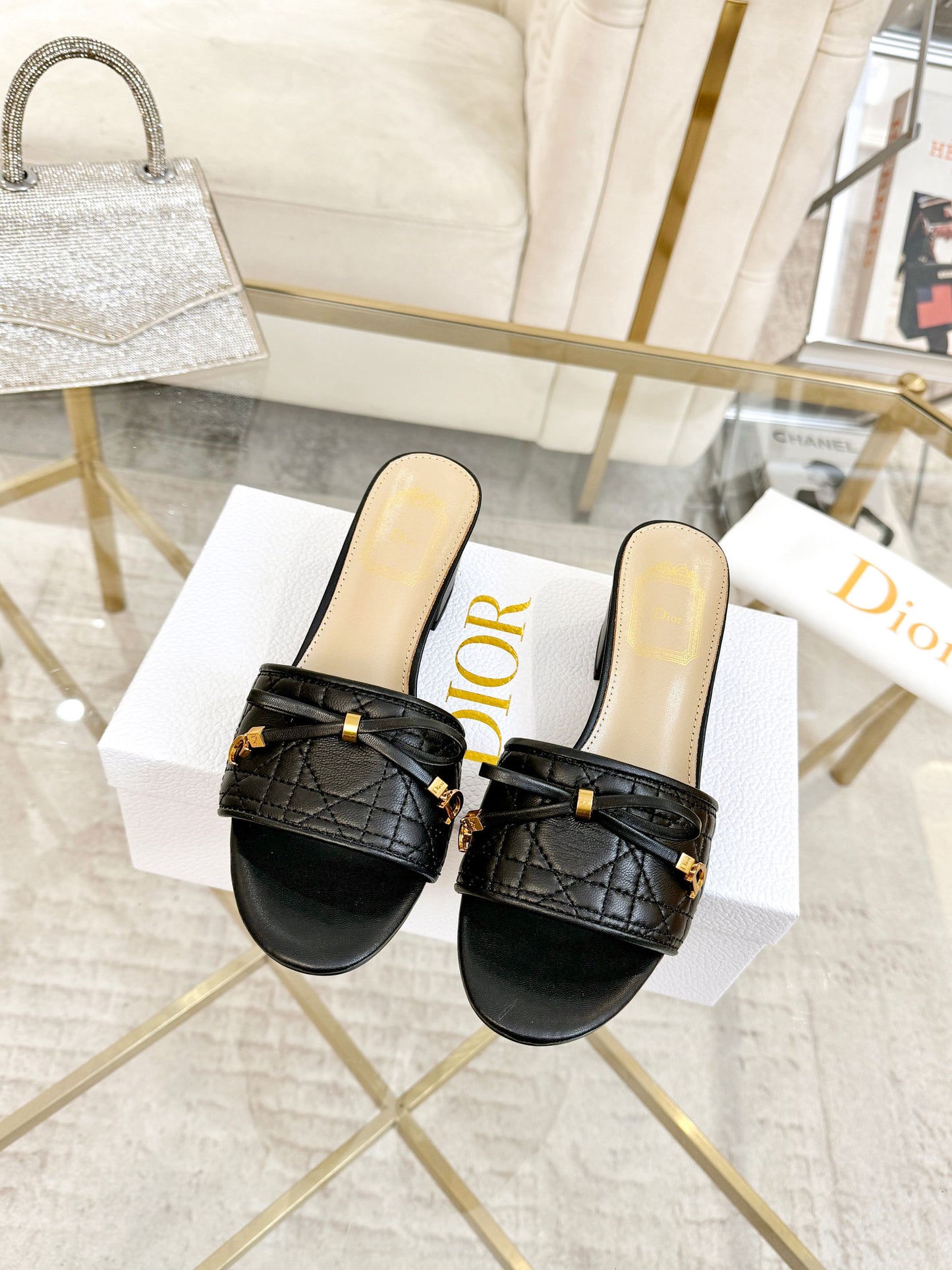 CD Cannage Heeled Slide 3.5cm Black Quilted Lambskin 668031