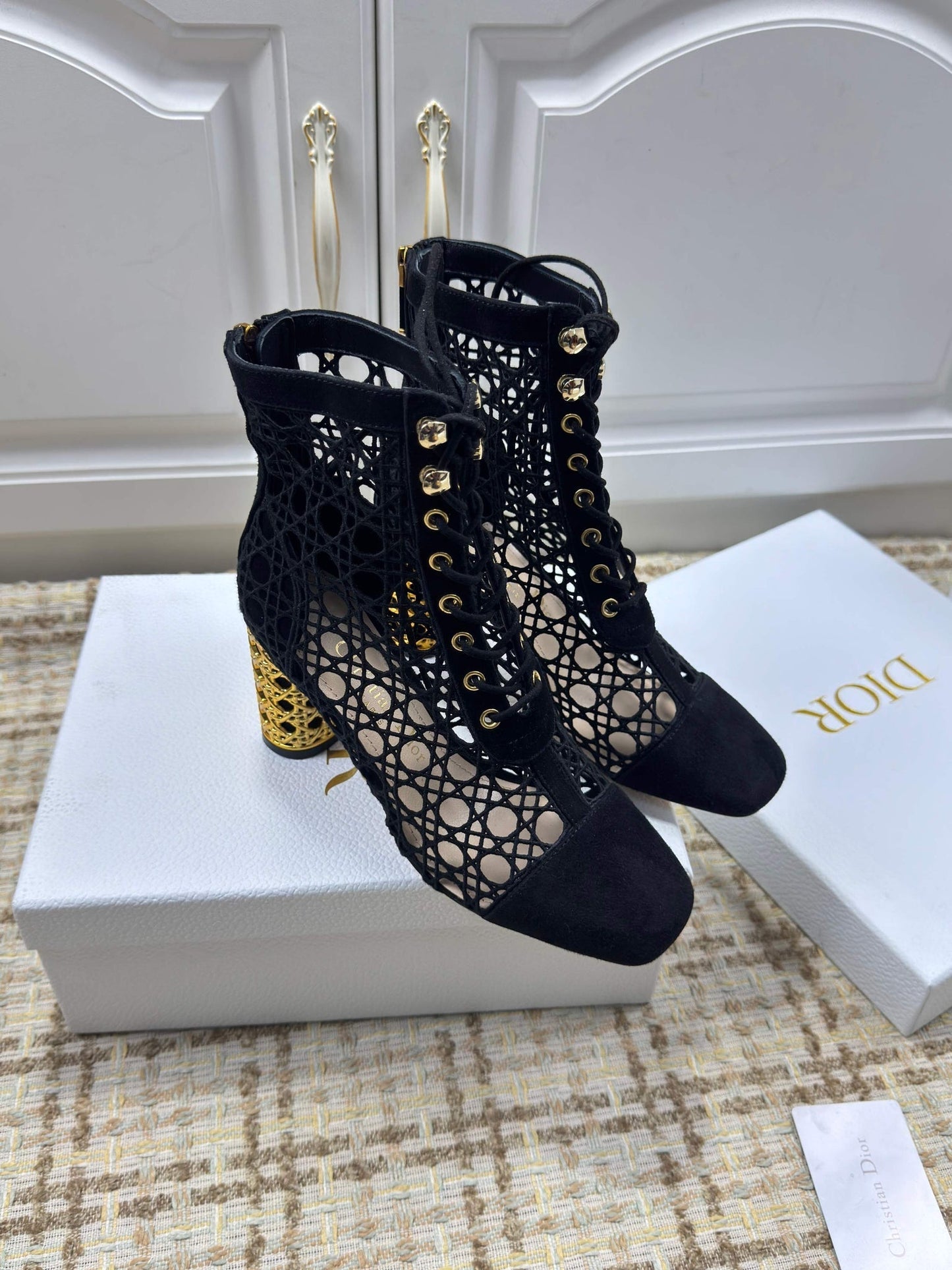 CD 26s Lace Up Ankle Boots 80mm In Black Openwork Lace Suede Gold Heel