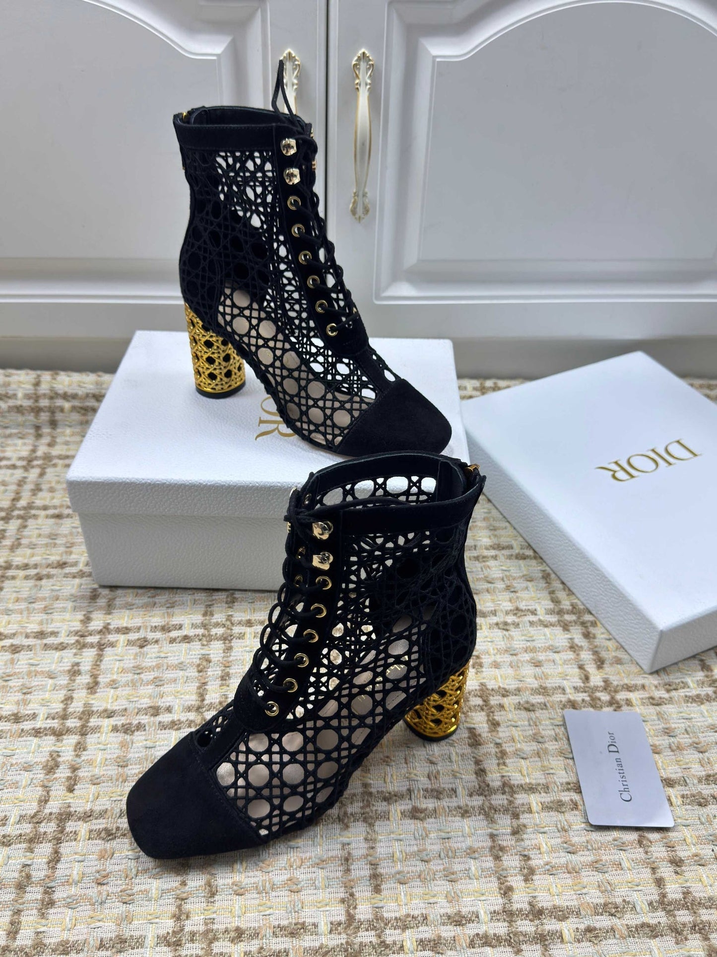 CD 26s Lace Up Ankle Boots 80mm In Black Openwork Lace Suede Gold Heel