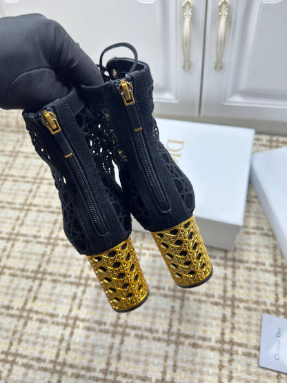 CD 26s Lace Up Ankle Boots 80mm In Black Openwork Lace Suede Gold Heel