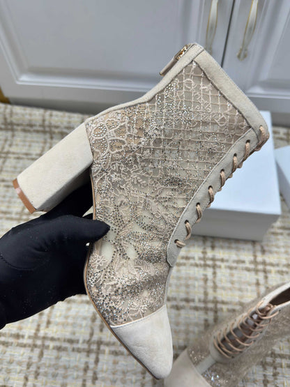 CD 26s Lace Up Ankle Boots 35mm In Beige Lace Suede Block Heel