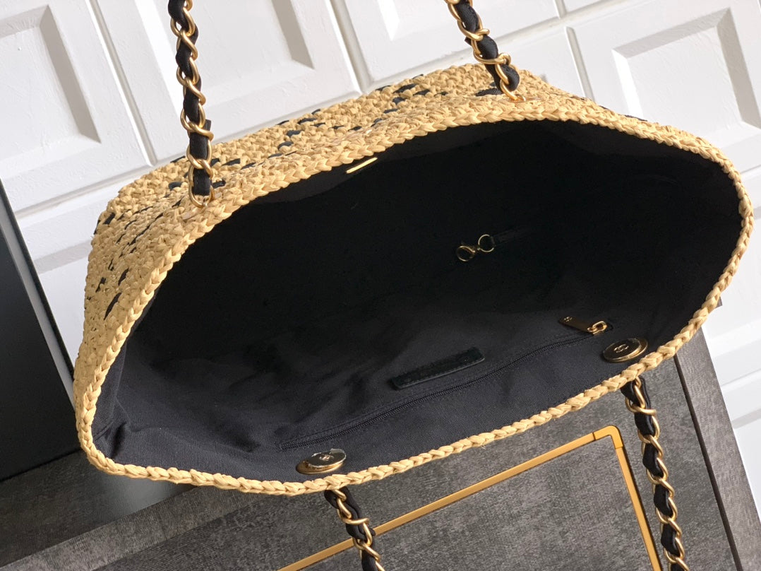 CC Braided Shopping Bag Double C logo Beige Black Raffia