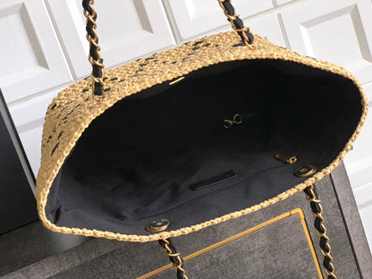 CC Braided Shopping Bag Double C logo Beige Black Raffia