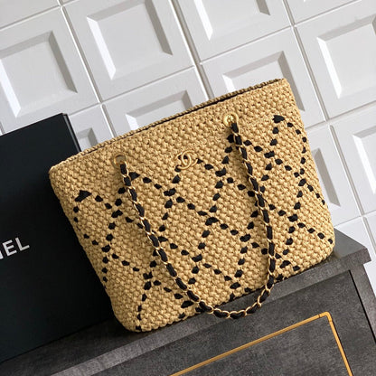 CC Braided Shopping Bag Double C logo Beige Black Raffia