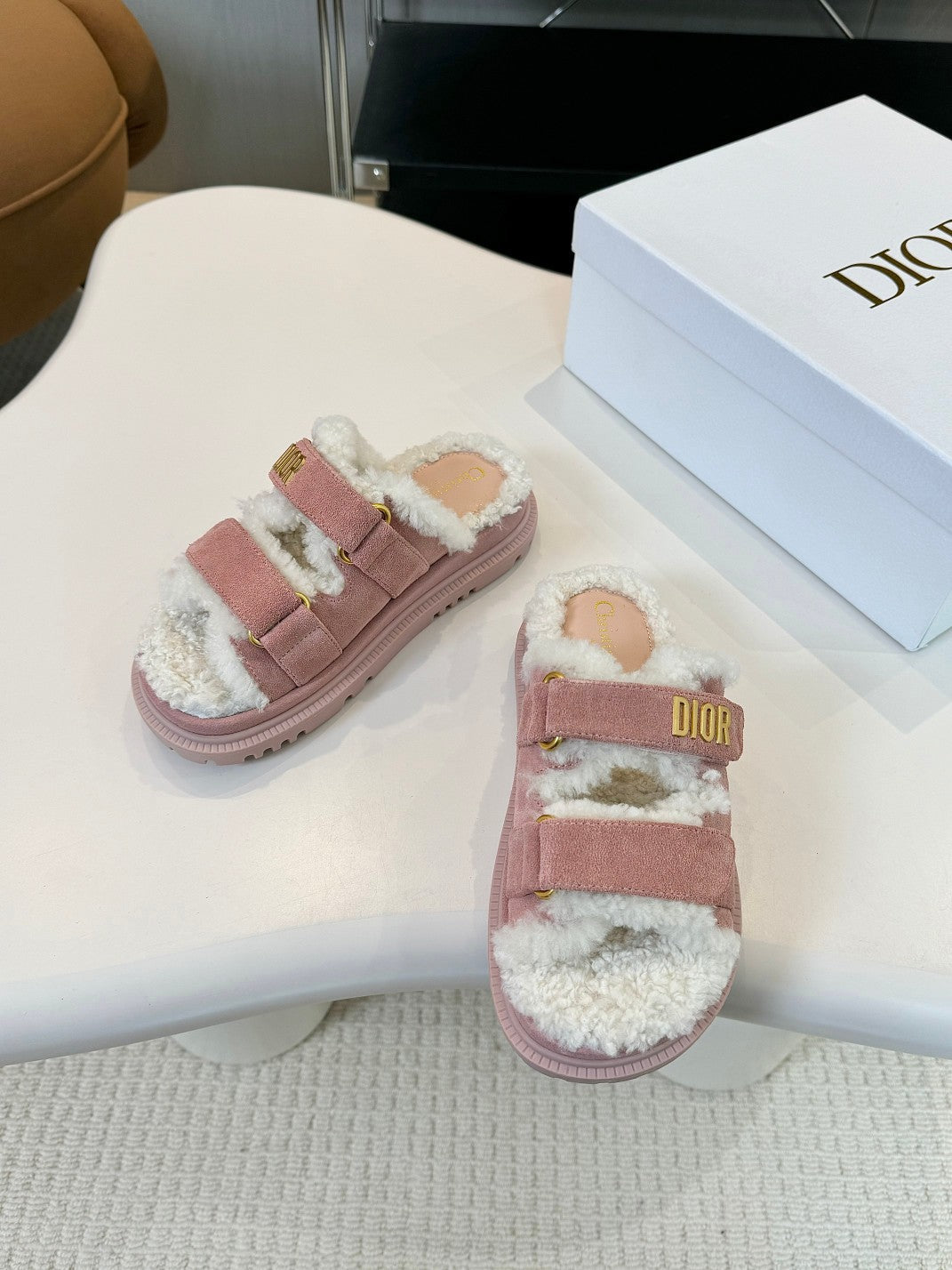 CD Dioract Slide Pink Suede And Fleece Lining