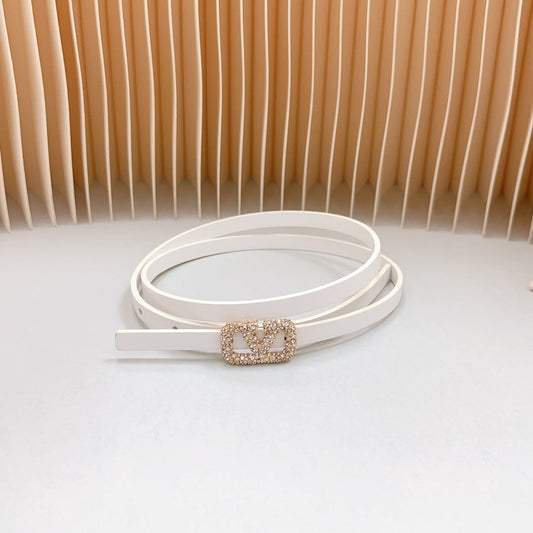 VL Belt 8mm Buckle Gold Diamond Leather White