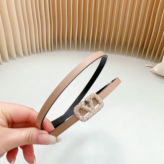 VL Belt 8mm Buckle Gold Diamond Leather Beige Black
