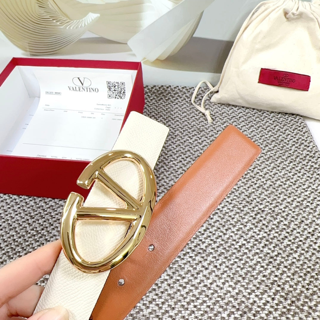 The Bold Edition Reversible Belt 30mm Cream Brown Grained Calfskin Gold Buckle