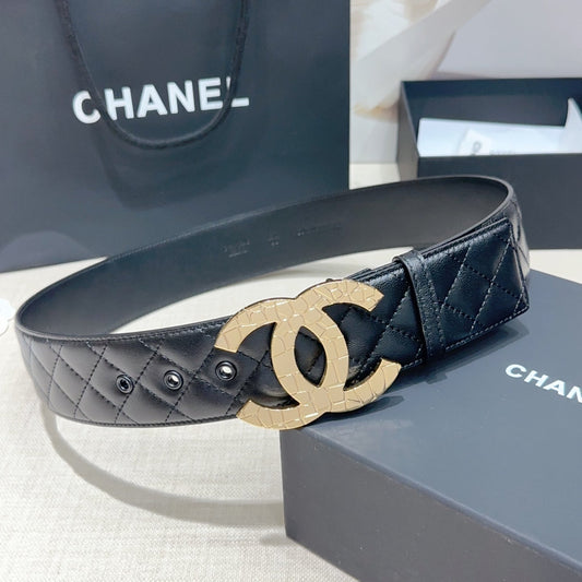 CC Belt 5.0 Gold-Tone Buckle Black Quited Cowhide 200097