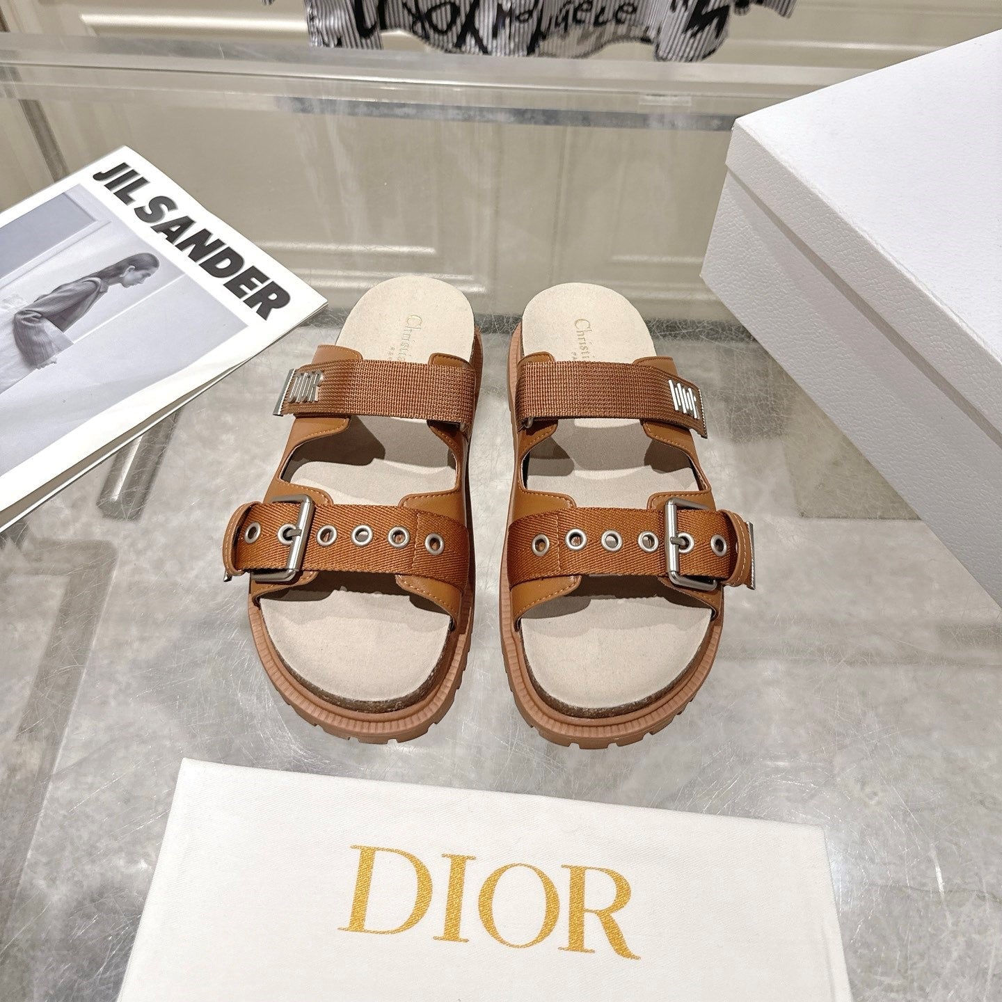 CD 26s Double-Strap Slide Sandals Tan Calfskin 919009