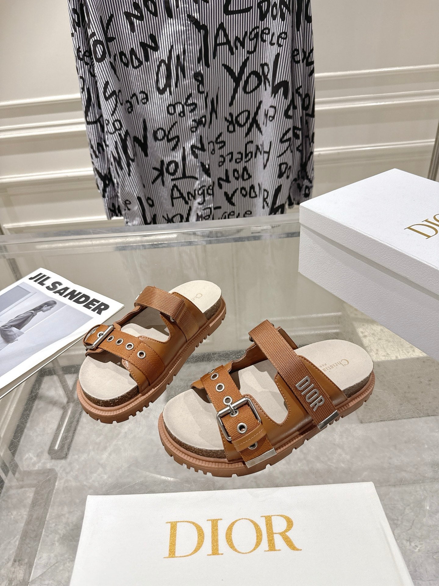 CD 26s Double-Strap Slide Sandals Tan Calfskin 919009