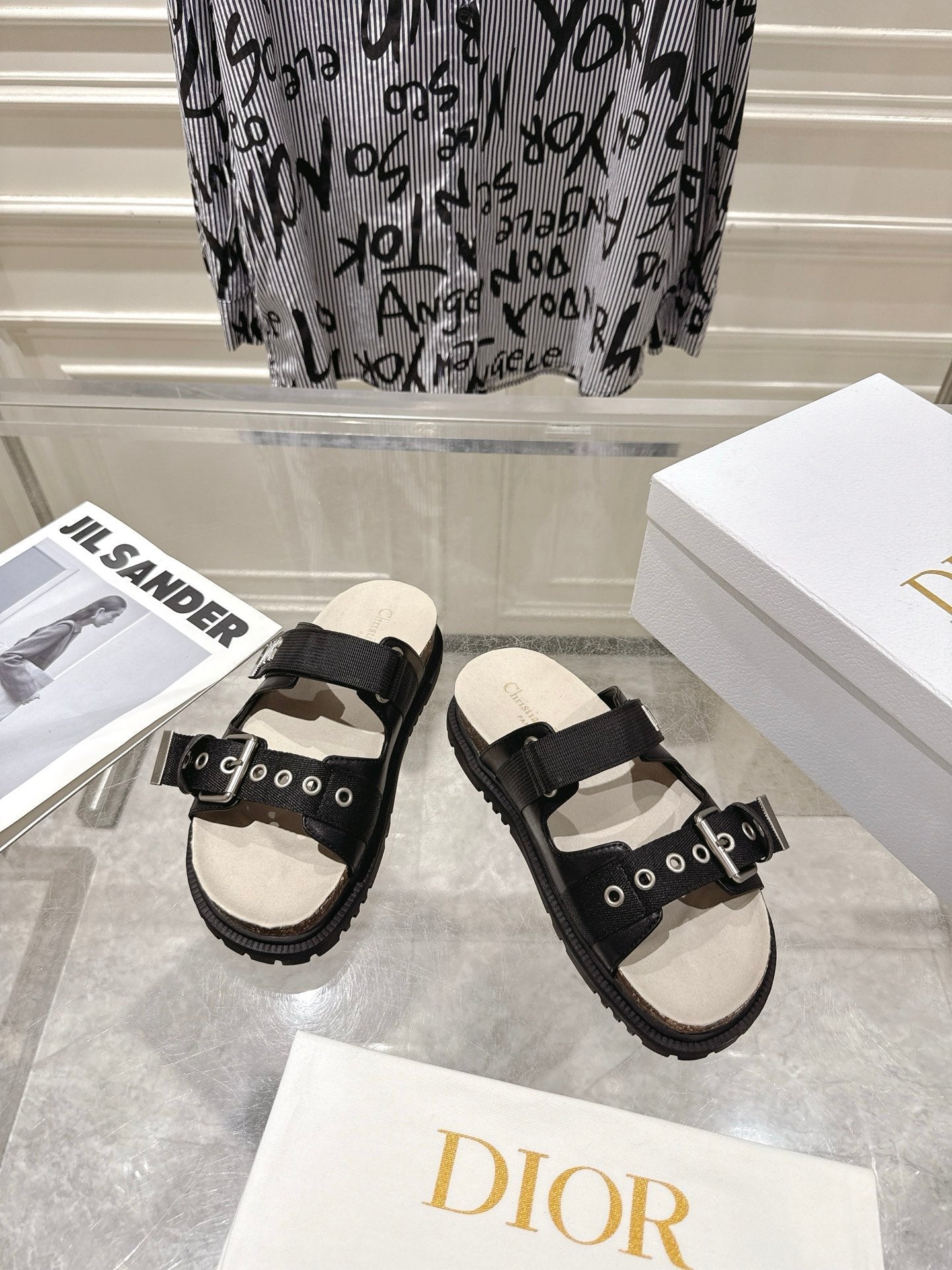CD 26s Double-Strap Slide Sandals Black Calfskin 919011