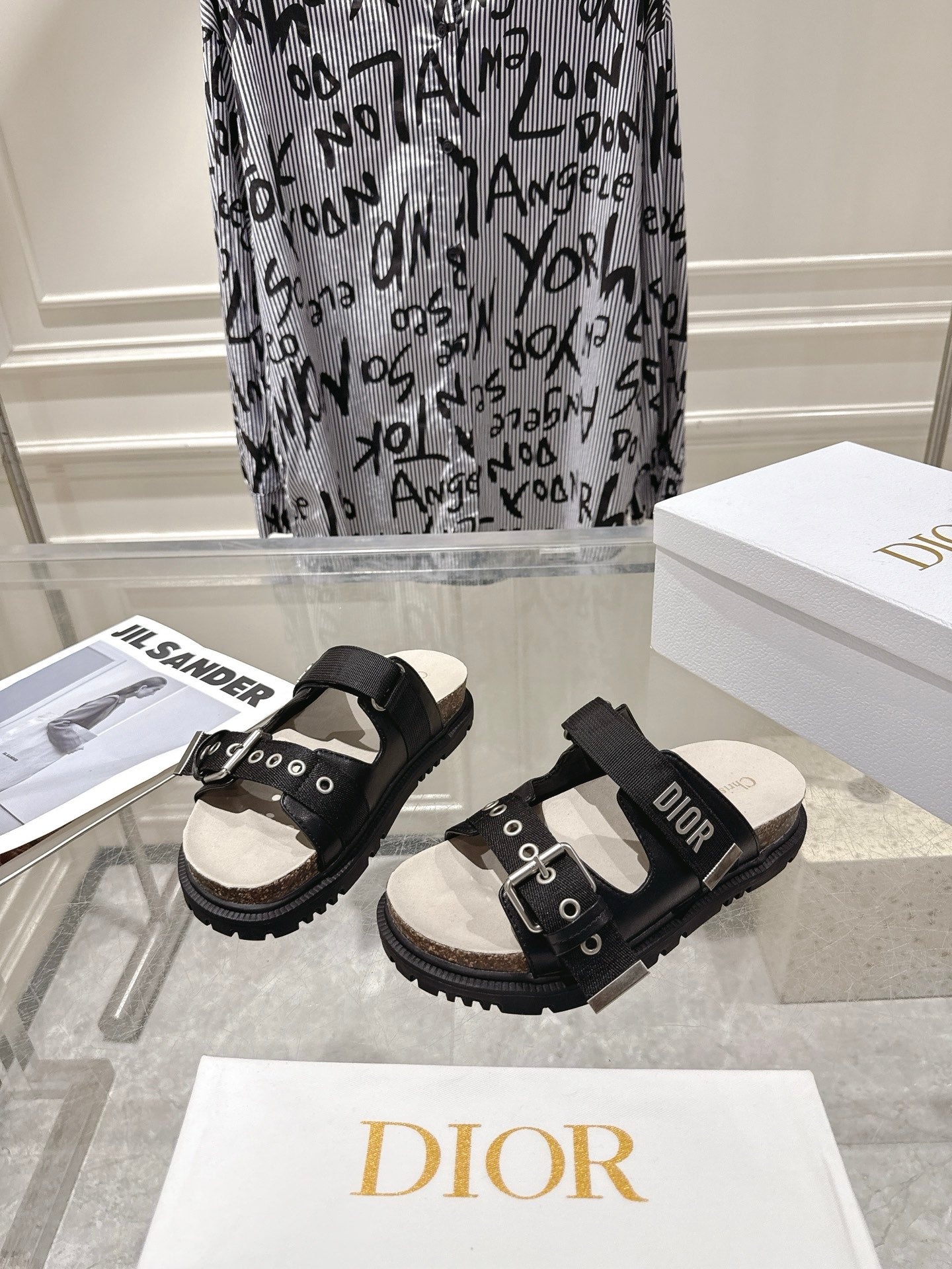 CD 26s Double-Strap Slide Sandals Black Calfskin 919011