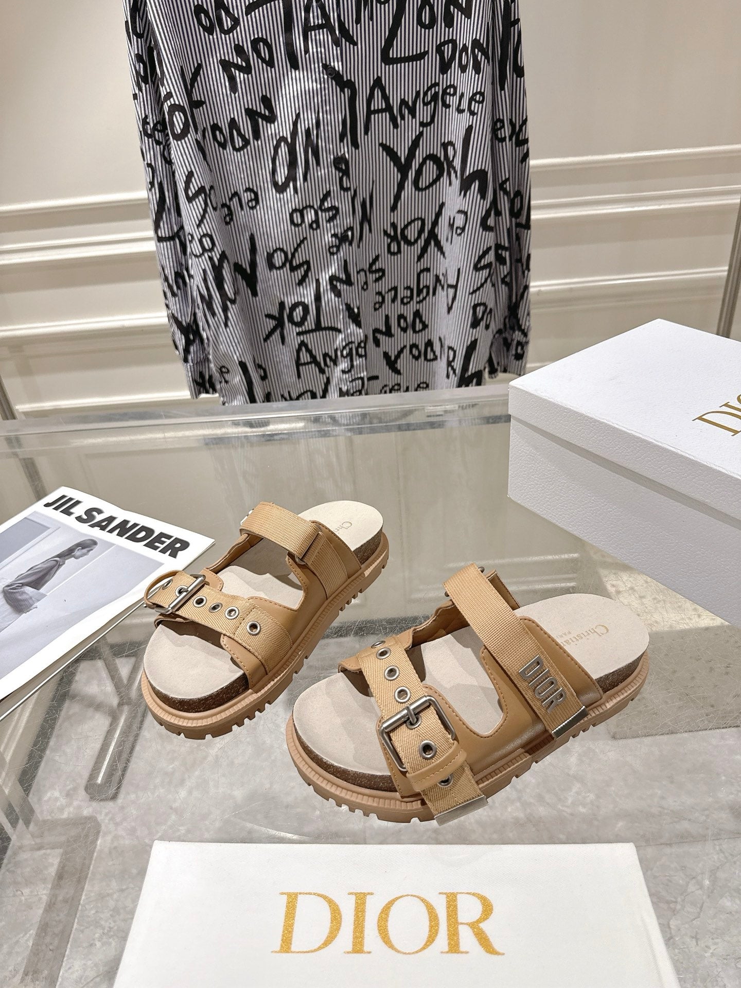 CD 26s Double-Strap Slide Sandals Khaki Calfskin 919015