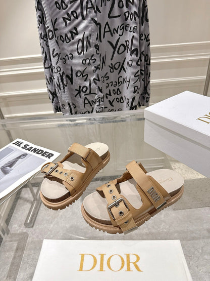 CD 26s Double-Strap Slide Sandals Khaki Calfskin 919015