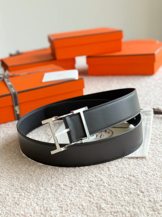 HM Silver Hadrien Reversible 38mm Belt Black Leather 188082
