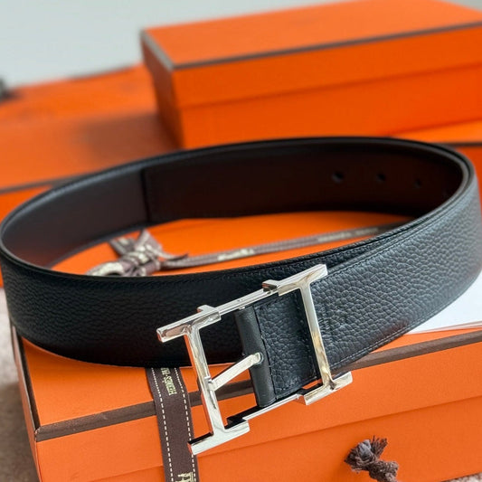 HM Silver Hadrien Reversible 38mm Belt Black Leather 188082
