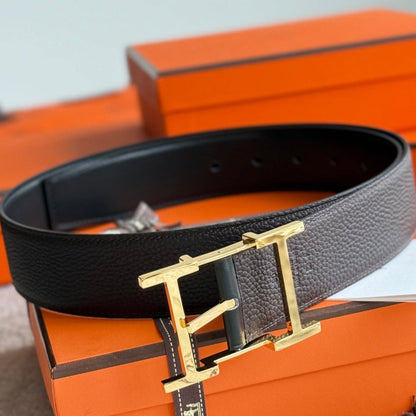 HM Gold Hadrien Reversible 38mm Belt Black Chocolate Leather 188080