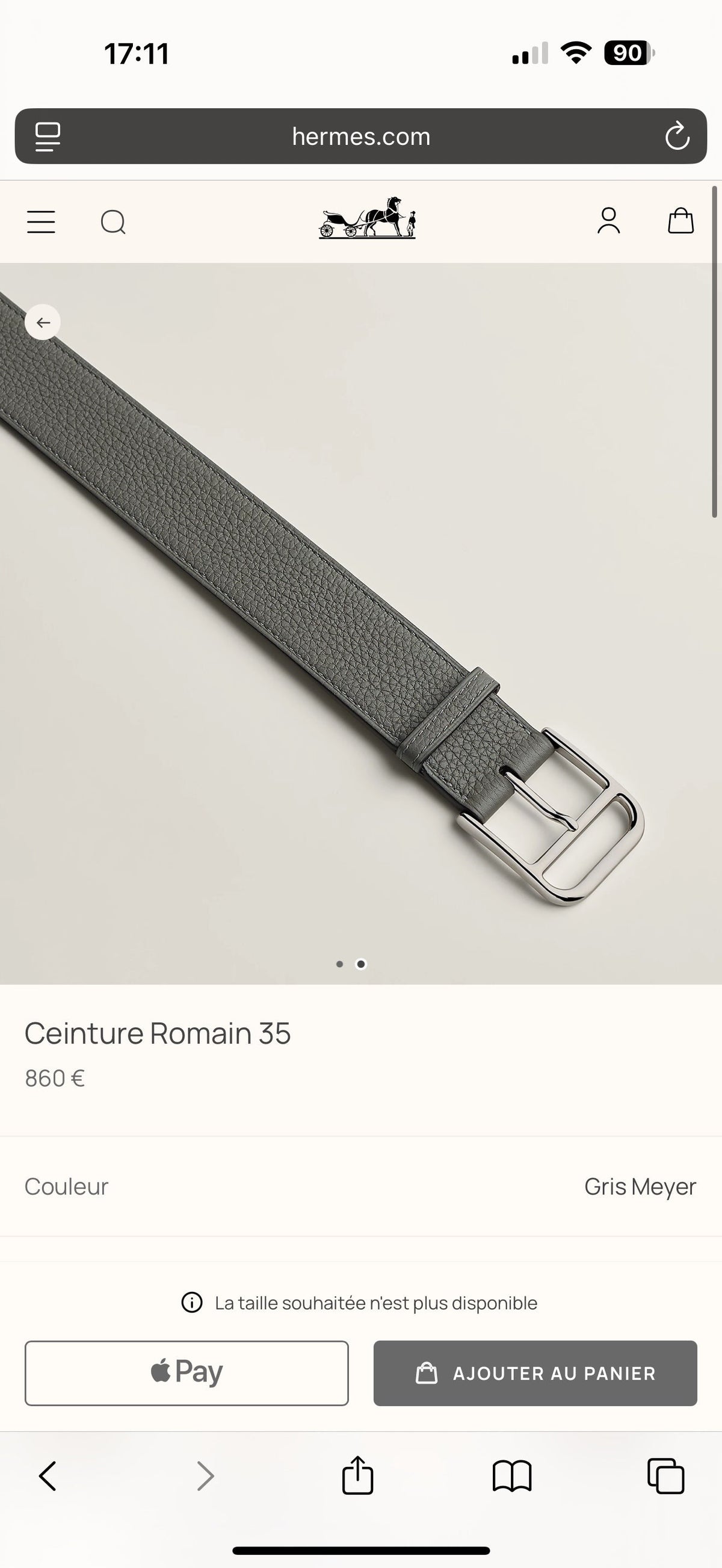 HM Silver 35mm Romain Belt Meyer Gray Leather 188402