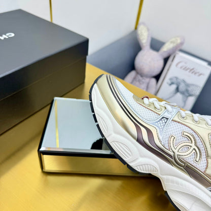 CC Logo Sneakers White Gold Calfskin Mesh Fabric 927341