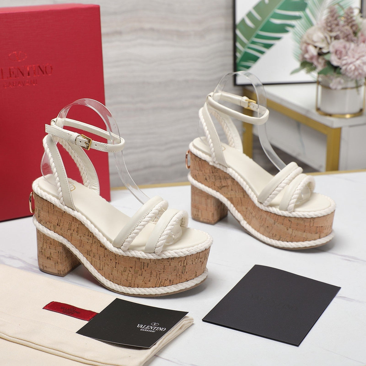 Valentino Garavani VLogo Summerblocks Wedge Sandals 115mm White Mix Brown Cowhide And Nylon Rope 821111