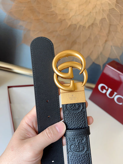 DOUBLE G MARMONT GOLD BUCKLE 37MM BLACK  EMBOSSED LEATHER