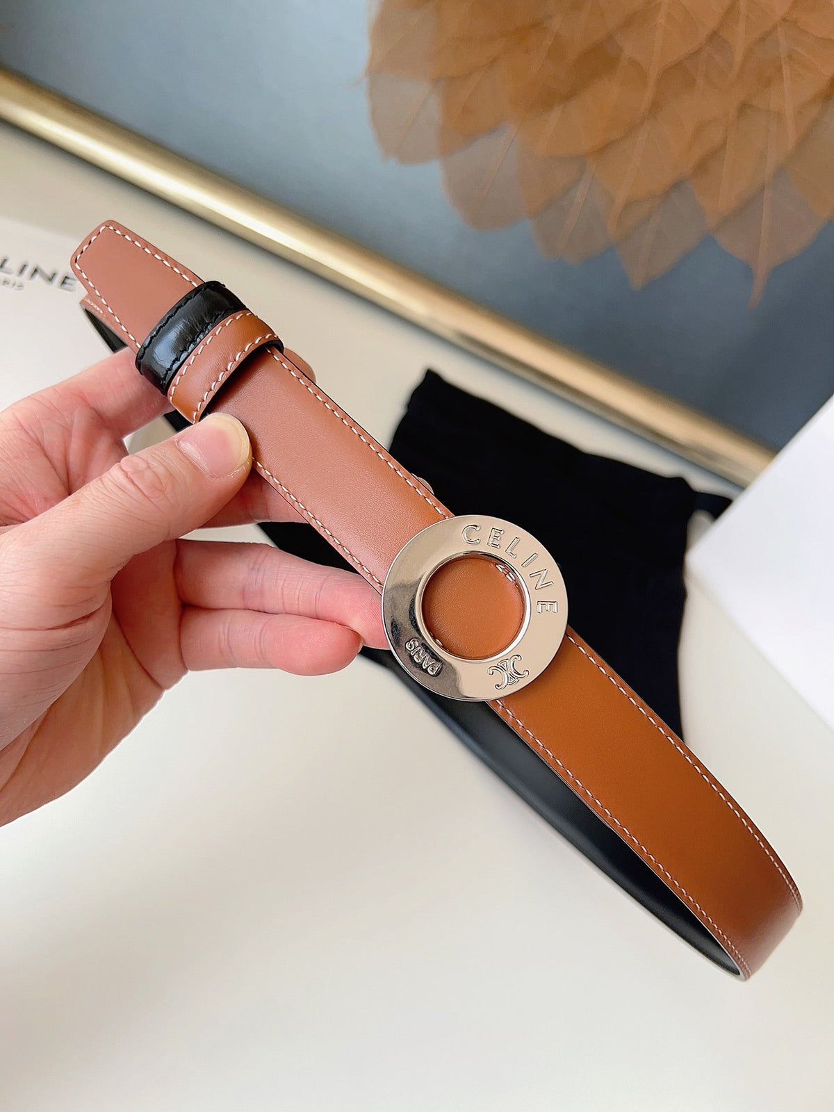 CELINE 26S BELT 25 MM IN BLACK AND BROWN CALFSKIN 636393