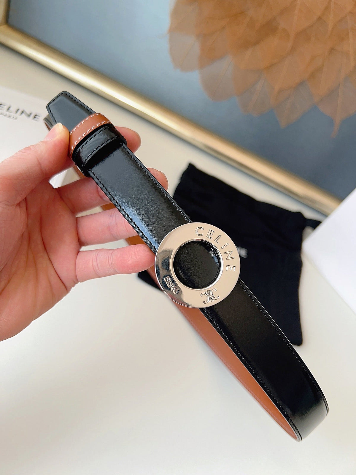 CELINE 26S BELT 25 MM IN BLACK AND BROWN CALFSKIN 636393
