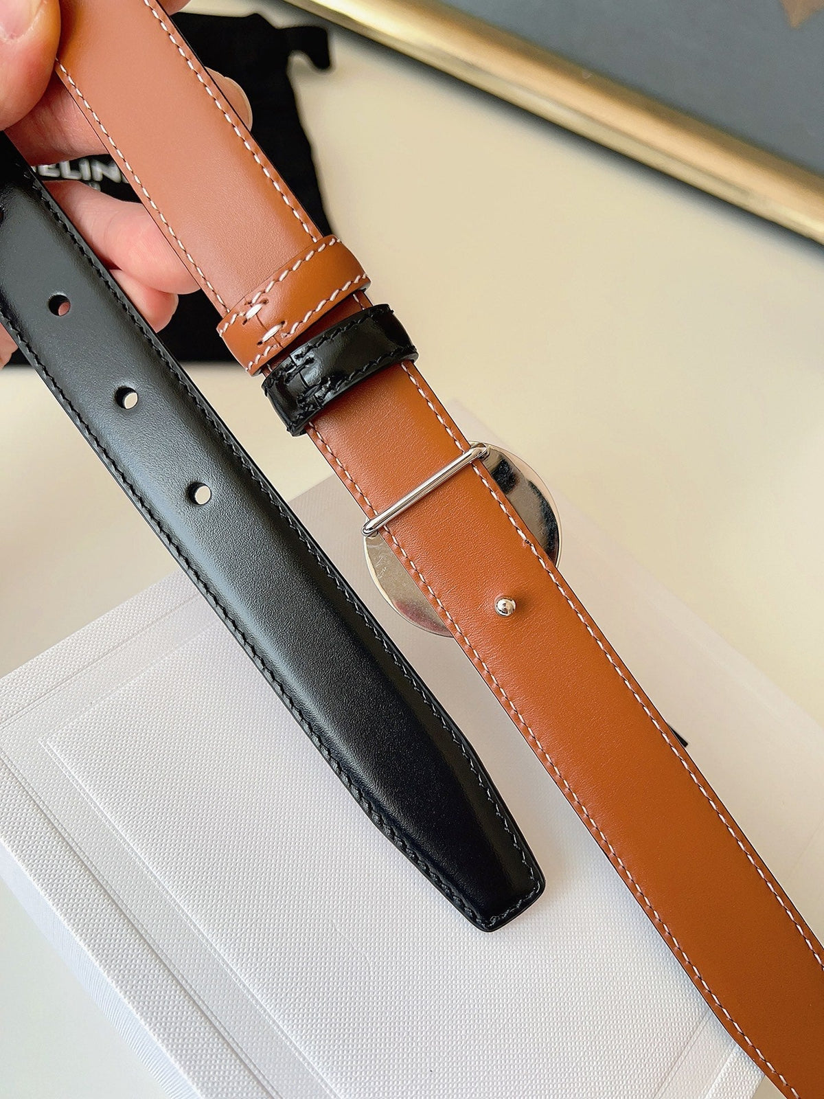 CELINE 26S BELT 25 MM IN BLACK AND BROWN CALFSKIN 636393