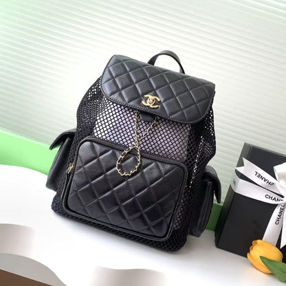 cc 25S Backpack 31cm Black Mesh Calfskin