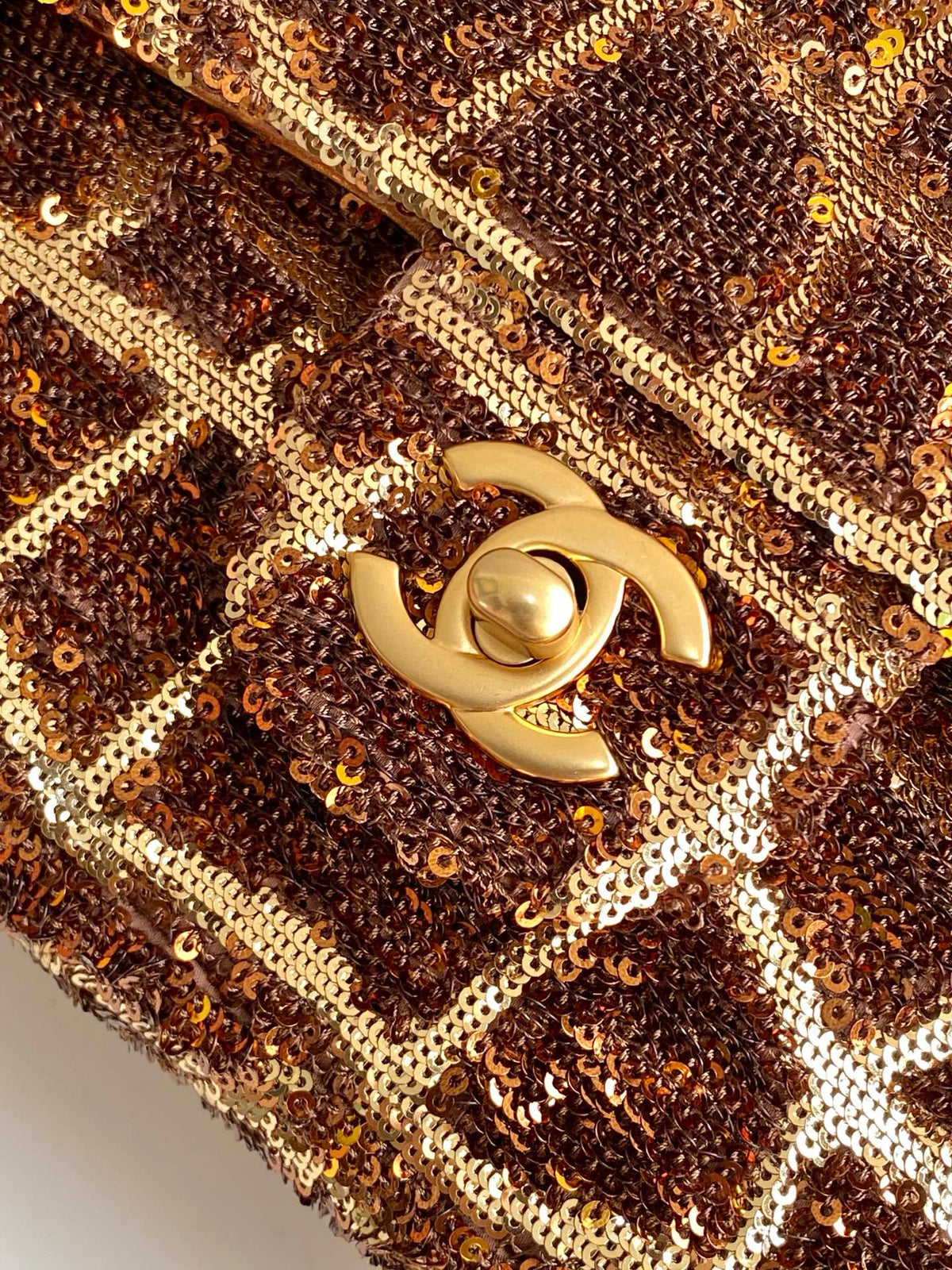 cc 25S Flap Bag 21cm Brown Gold Sequin Calfskin