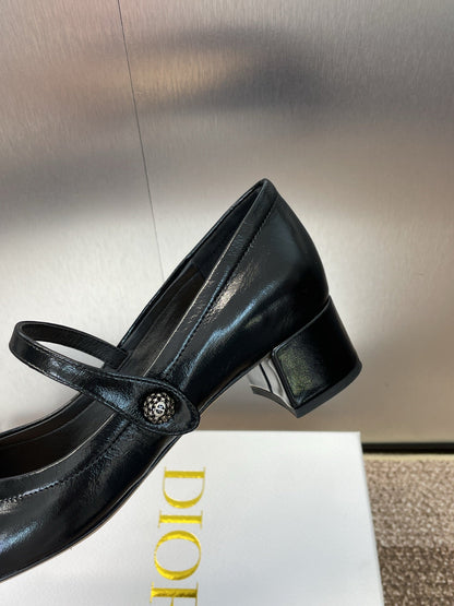 CD Chunky Heel Round Toe Ballet Black Patent Leather 524205