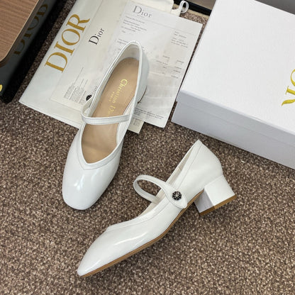 CD Chunky Heel Round Toe Ballet White Patent Leather 524206