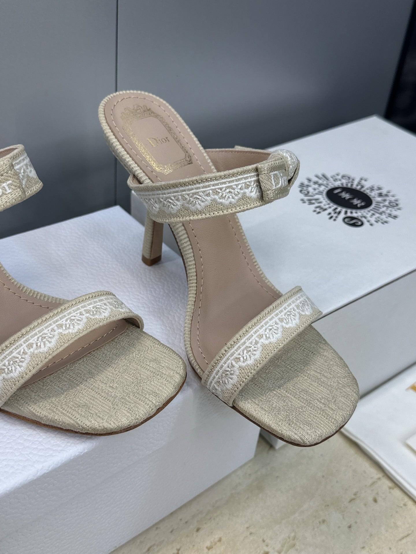 CD 26s Heeled Sandal 10cm Light Taupe Beige Leather Fabric 633068