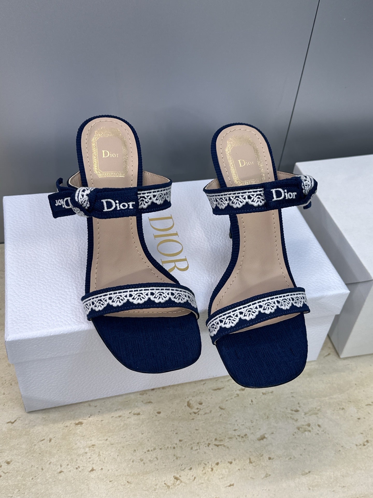 CD 26s Heeled Sandal 10cm Navy Blue Beige Leather Fabric 633070