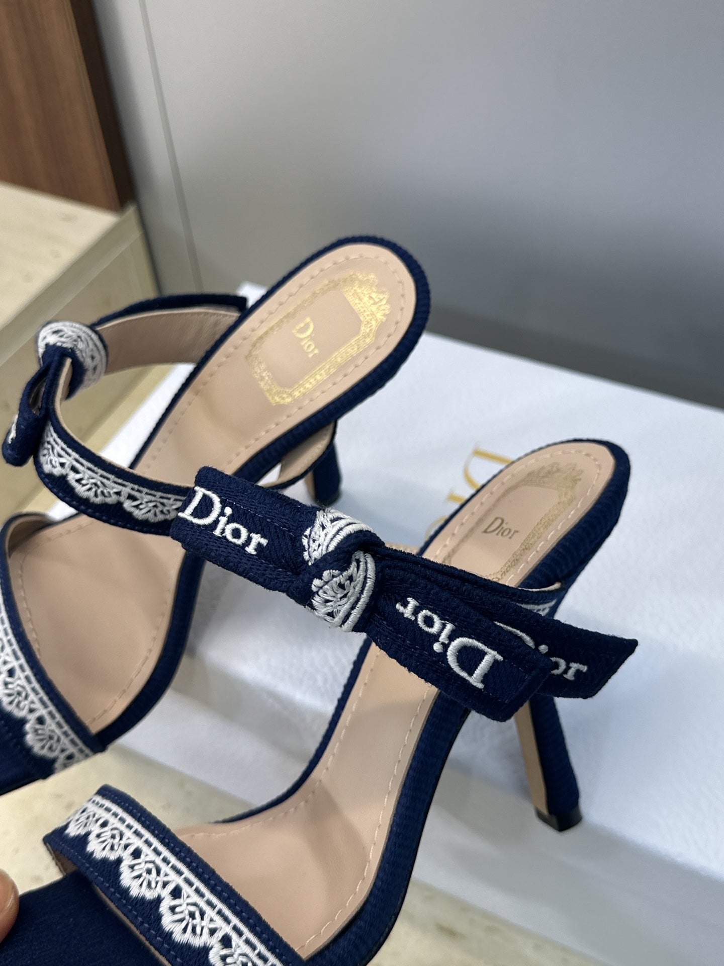 CD 26s Heeled Sandal 10cm Navy Blue Beige Leather Fabric 633070