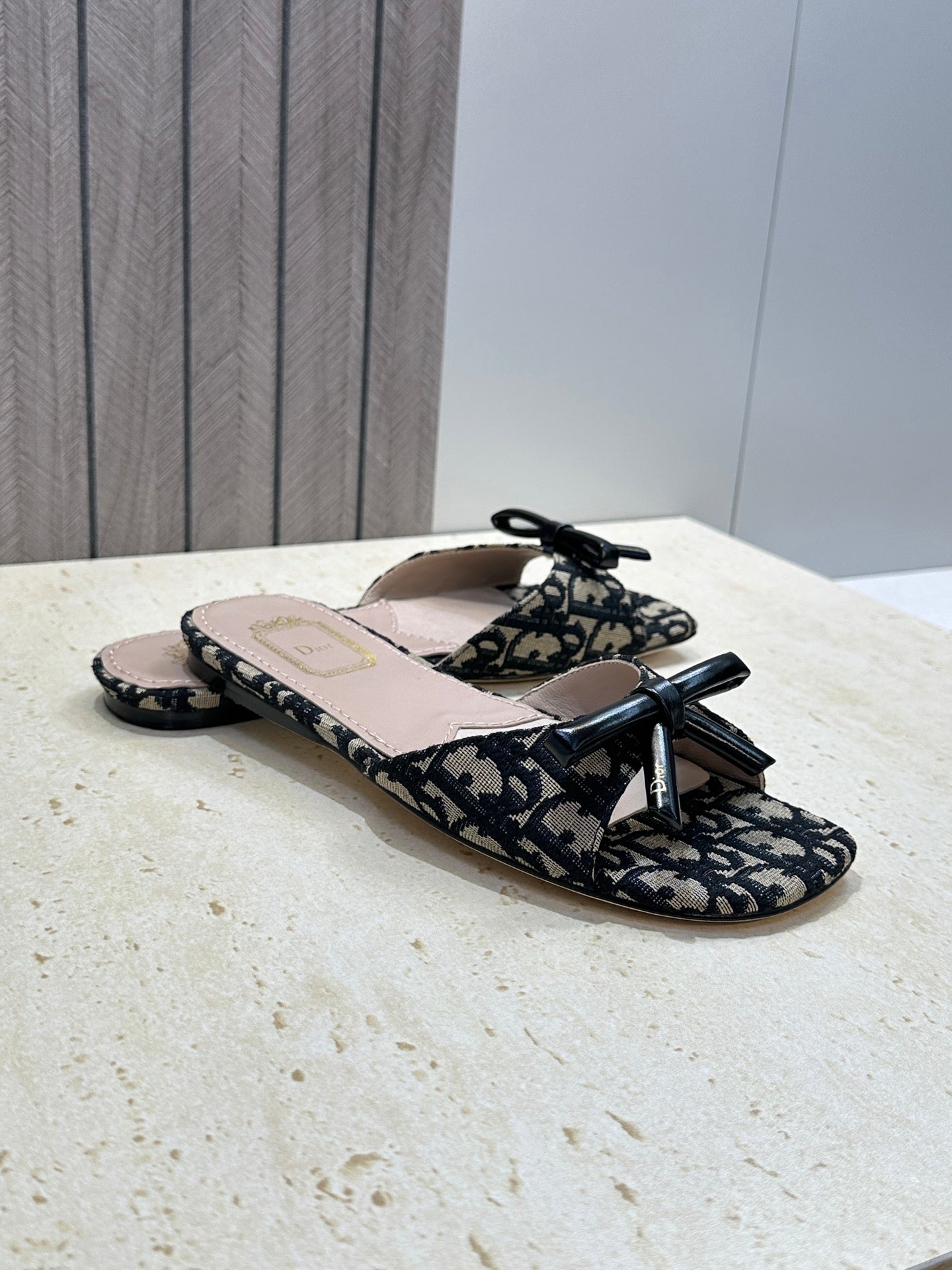 CD Dior Bow Slides Beige Black Canvas 884665