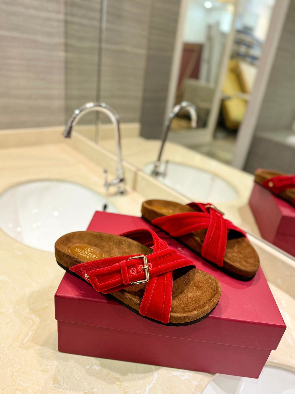 FUSSFRIEND CHERRY RED SILK VELVET SLIDE SANDALS