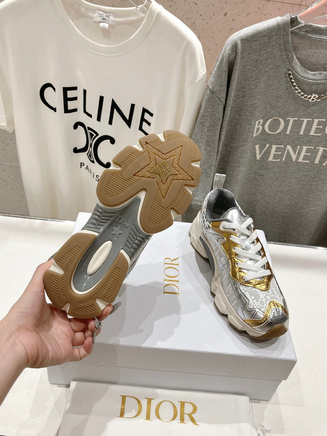 CD Vibe Sneaker White Mix Grey Gold Polyester Mesh Fabric And Cowhide