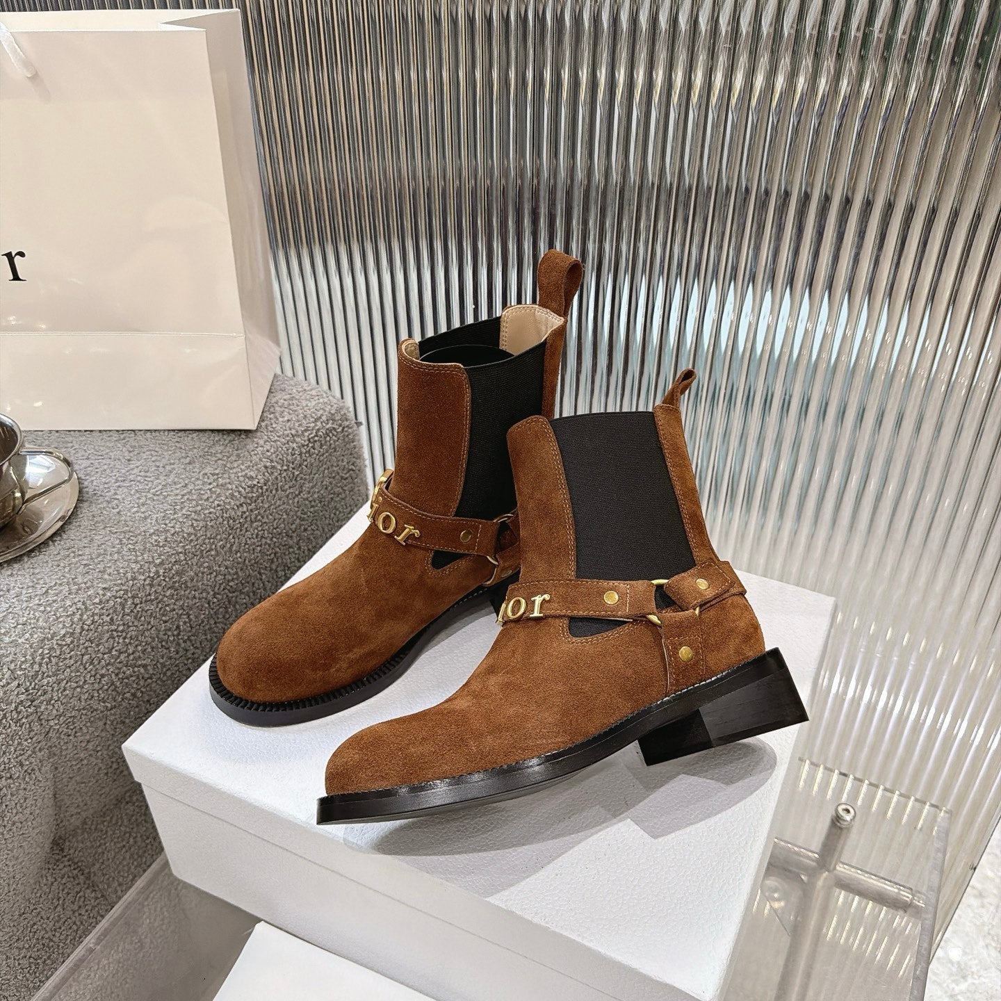 CD 26s Bolt Ankle Boot Brown Black Ribbed Knit Suede 924106