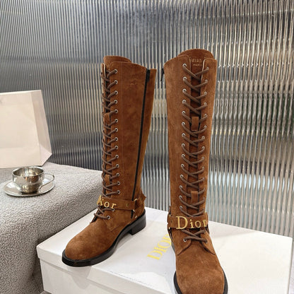 CD 26s Lace-Up Knee-High Boots Brown Suede 924103