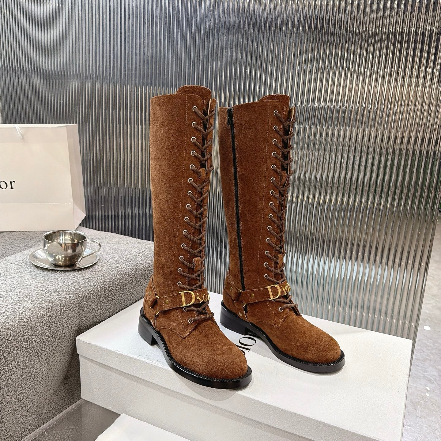 CD 26s Lace-Up Knee-High Boots Brown Suede 924103