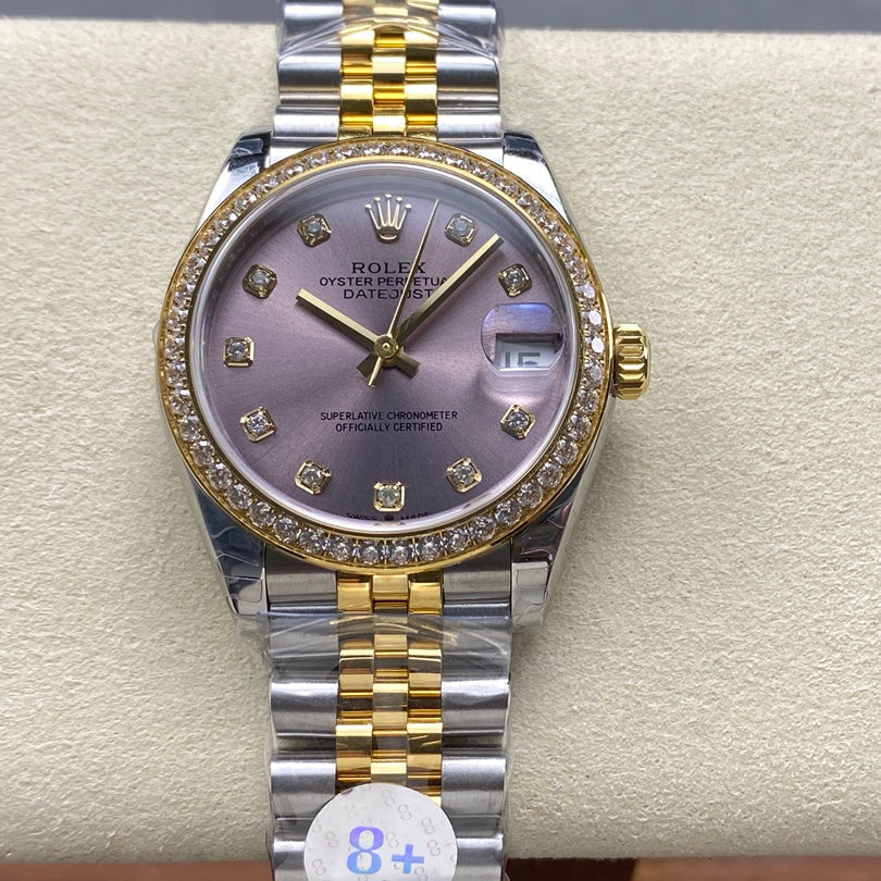 Datejust 31mm Yellow Gold Steel Diamond Bezel Purple Dial Diamond Numerals