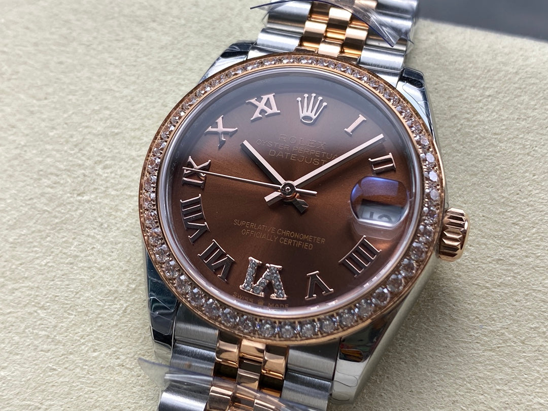 Datejust 31mm Pink Gold Steel Diamond Bezel Chocolate Dial