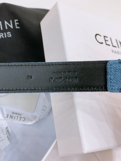 CELINE 25S BELT TRIOMPHE TAURILLON 25MM IN BLACK CALFSKIN AND DENIM 558344