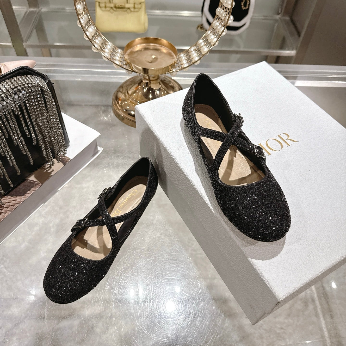 CD Very Ballet Flat Black Lambskin & Glitter 598163