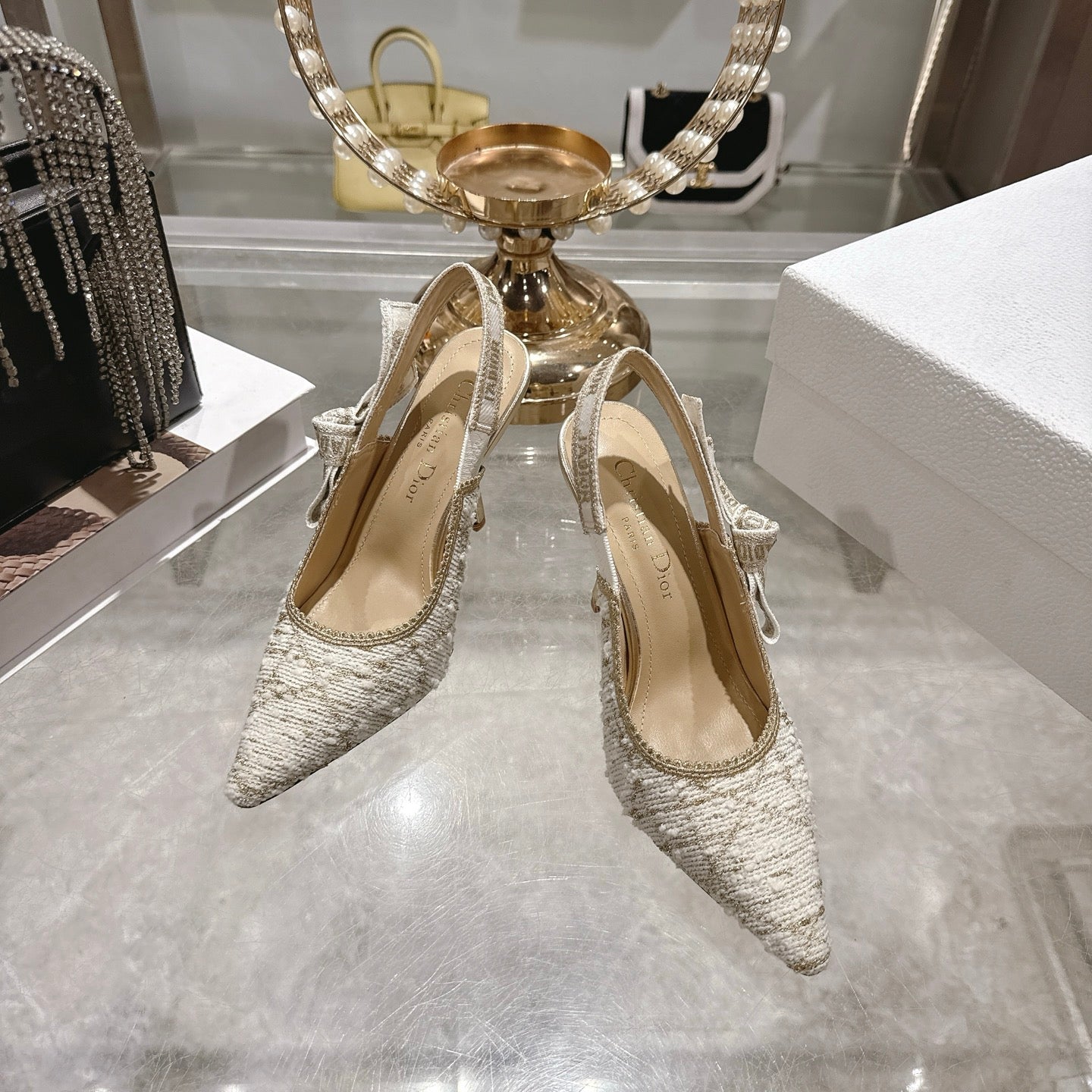 CD 26 Slingback 85mm Light Cream Gold Tweed 592230